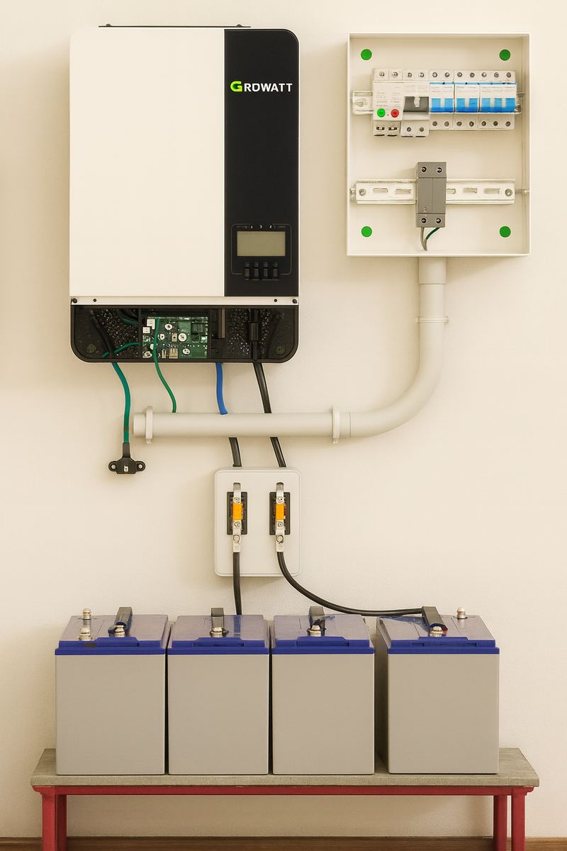 Inversor cargador Growatt con banco de baterías de gel y tablero de protecciones, instalado por BBL